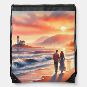 Romantic Coastal Sunset Lighthouse Walk Drawstring Bag