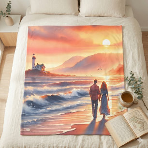 Romantic Coastal Sunset Lighthouse Walk Fleece Blanket