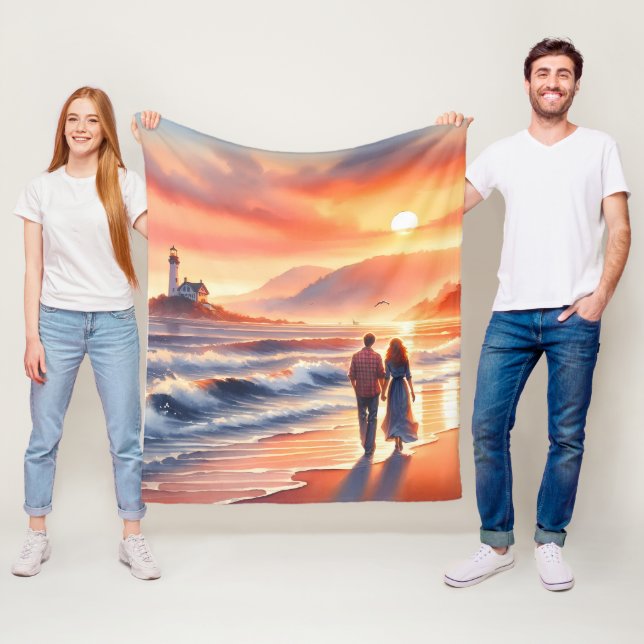 Romantic Coastal Sunset Lighthouse Walk Fleece Blanket (In Situ)