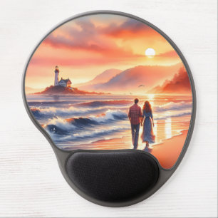 Romantic Coastal Sunset Lighthouse Walk Gel Mouse Pad