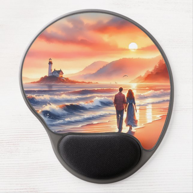 Romantic Coastal Sunset Lighthouse Walk Gel Mouse Pad (Front)
