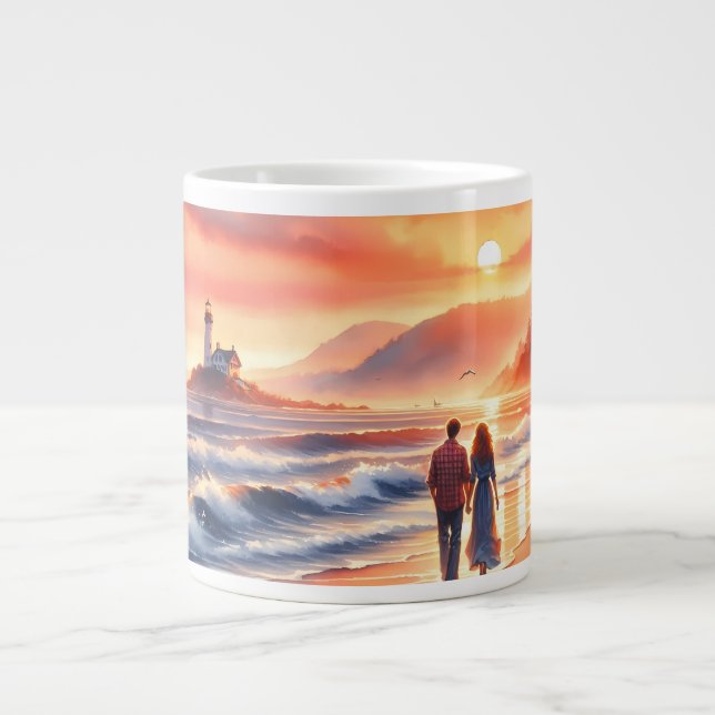 Romantic Coastal Sunset Lighthouse Walk Giant Coffee Mug (Front)