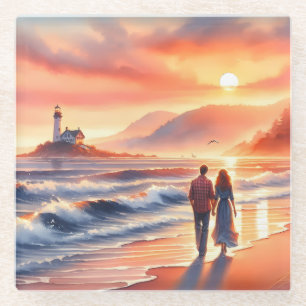 Romantic Coastal Sunset Lighthouse Walk Glass Coaster