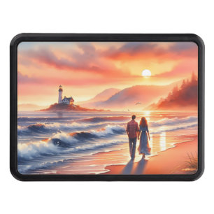 Romantic Coastal Sunset Lighthouse Walk Hitch Cover