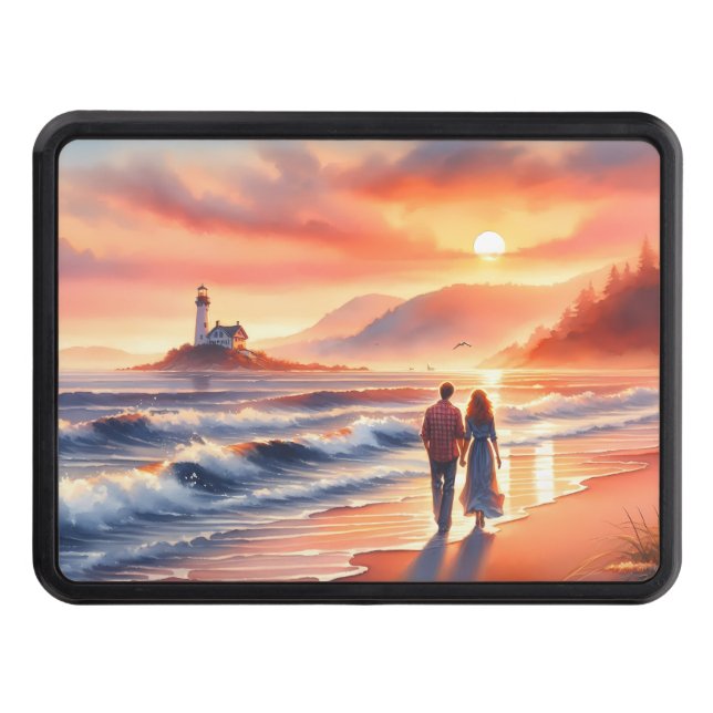 Romantic Coastal Sunset Lighthouse Walk Hitch Cover (Front)