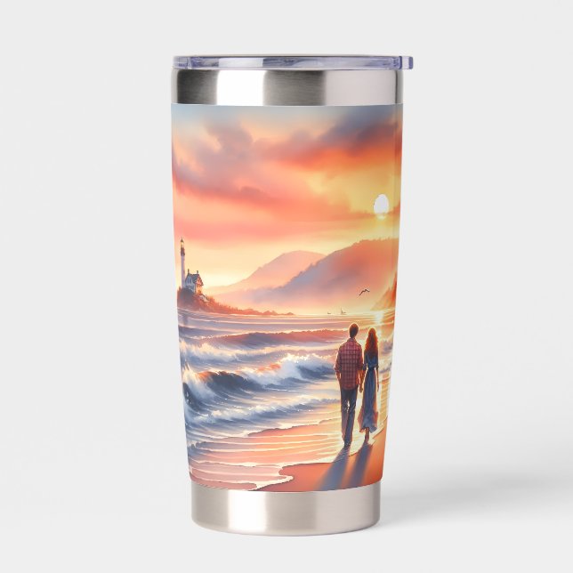 Romantic Coastal Sunset Lighthouse Walk Insulated Tumbler (Left)