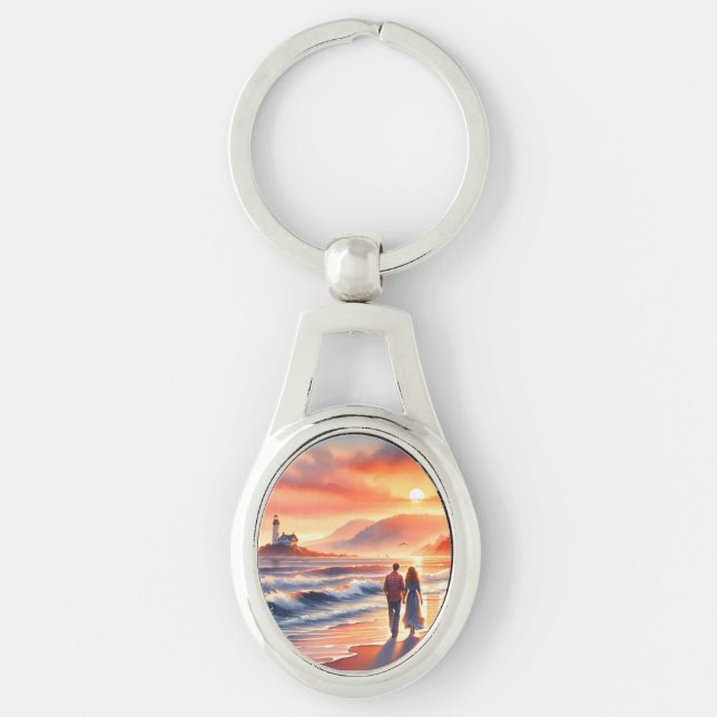 Romantic Coastal Sunset Lighthouse Walk Keychain (Front)
