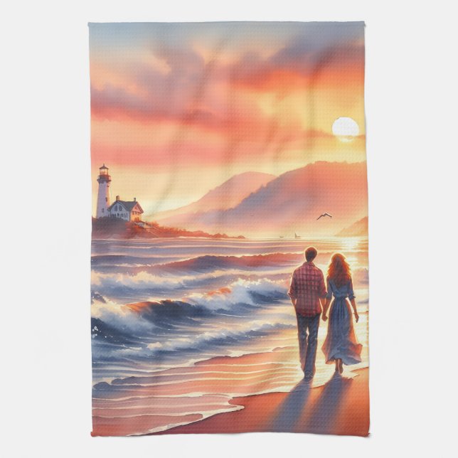Romantic Coastal Sunset Lighthouse Walk Kitchen Towel (Vertical)