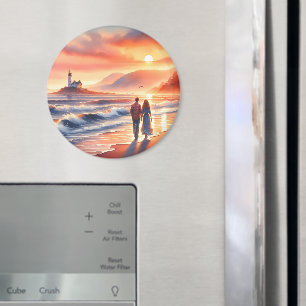 Romantic Coastal Sunset Lighthouse Walk Magnet