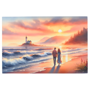 Romantic Coastal Sunset Lighthouse Walk Metal Print
