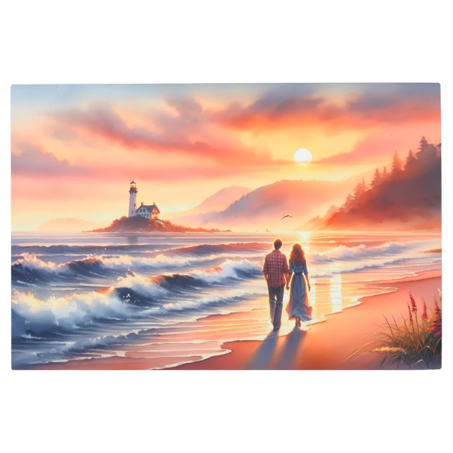 Romantic Coastal Sunset Lighthouse Walk Metal Print (Front)
