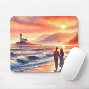 Romantic Coastal Sunset Lighthouse Walk Mouse Pad