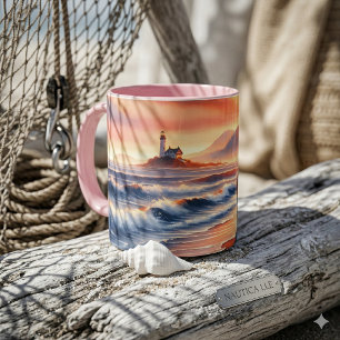 Romantic Coastal Sunset Lighthouse Walk Mug