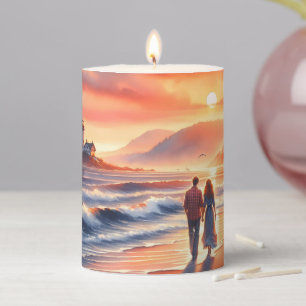 Romantic Coastal Sunset Lighthouse Walk Pillar Candle