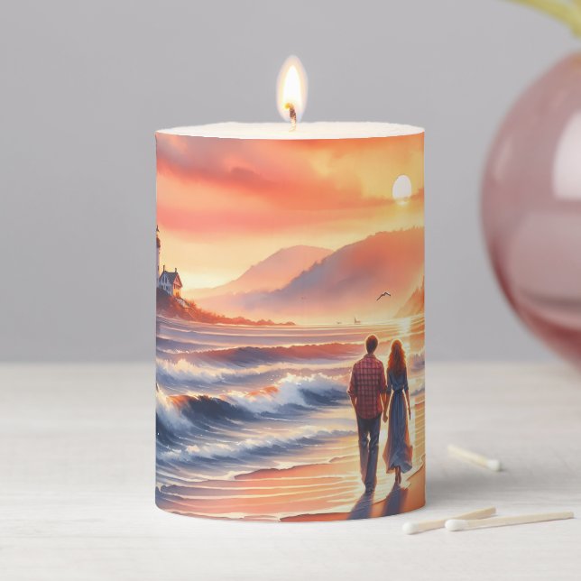 Romantic Coastal Sunset Lighthouse Walk Pillar Candle (In Situ)
