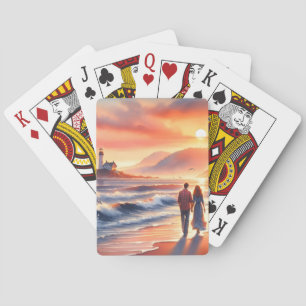 Romantic Coastal Sunset Lighthouse Walk Poker Cards