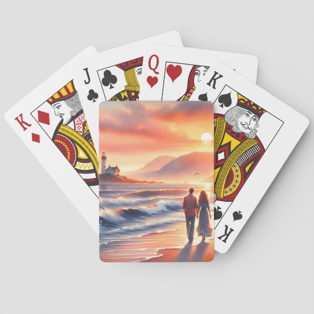 Romantic Coastal Sunset Lighthouse Walk Poker Cards (Back)