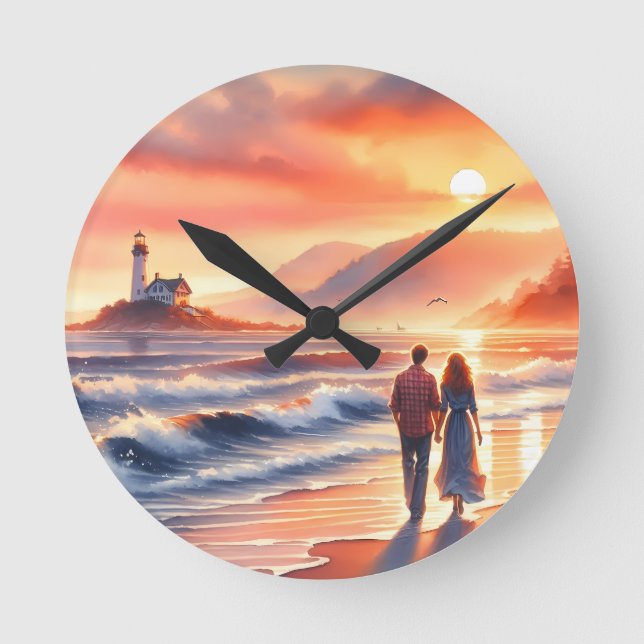 Romantic Coastal Sunset Lighthouse Walk Round Clock (Front)