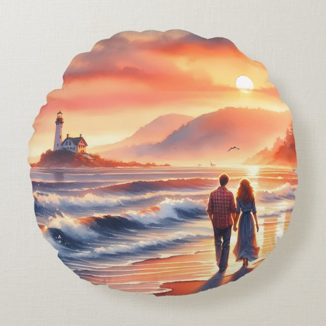 Romantic Coastal Sunset Lighthouse Walk Round Pillow (Front)