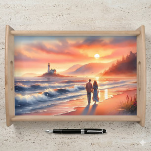 Romantic Coastal Sunset Lighthouse Walk Serving Tray