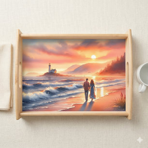 Romantic Coastal Sunset Lighthouse Walk Serving Tray