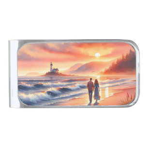 Romantic Coastal Sunset Lighthouse Walk Silver Finish Money Clip