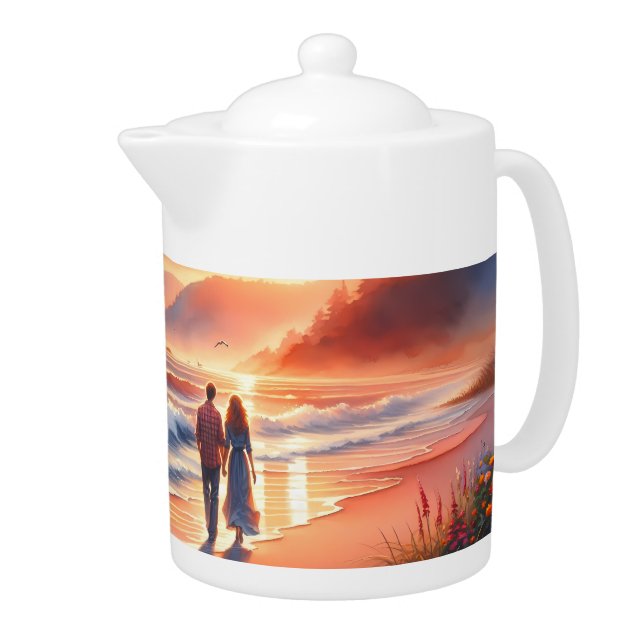 Romantic Coastal Sunset Lighthouse Walk Teapot (Right)
