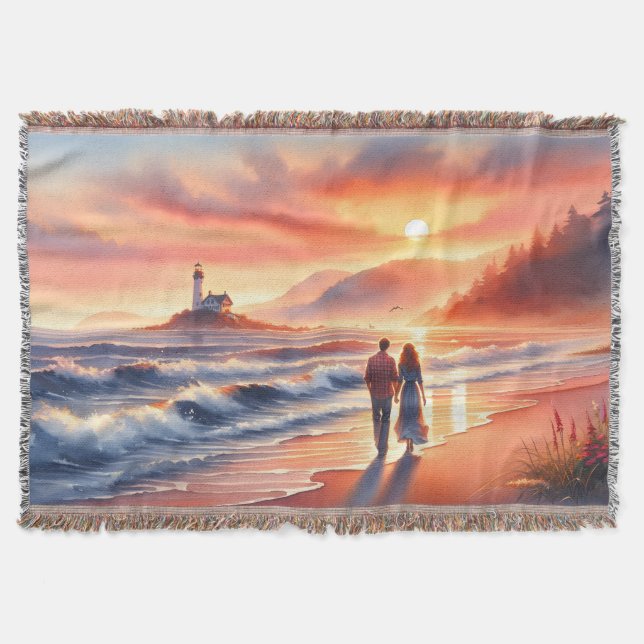 Romantic Coastal Sunset Lighthouse Walk Throw Blanket (Front)