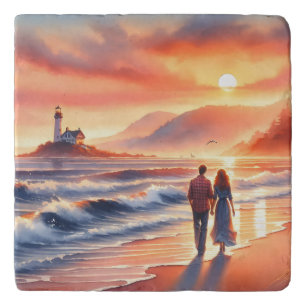 Romantic Coastal Sunset Lighthouse Walk Trivet