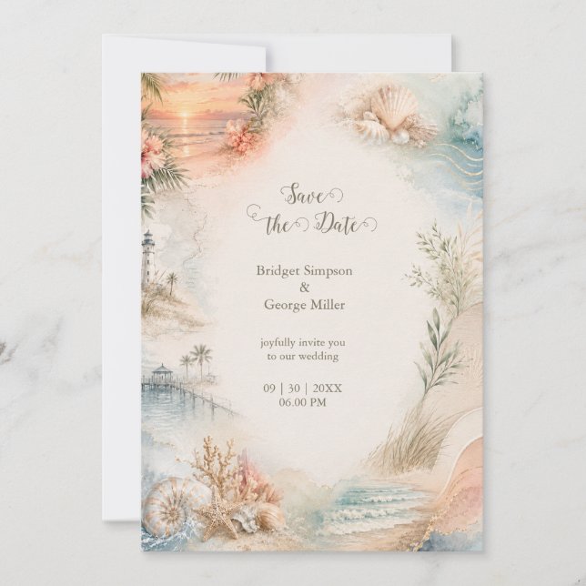 Romantic Coastal Wedding Seashell Paradise Invitation (Front)