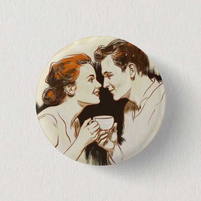 Romantic Coffee Date Couples Sharing Sweet Glance Button (Front)