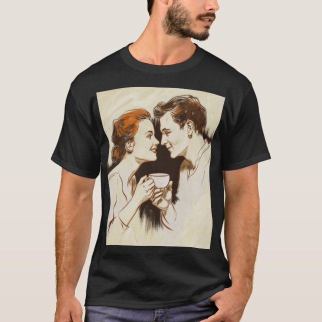 Romantic Coffee Date Couples Sharing Sweet Glance T-Shirt (Front)