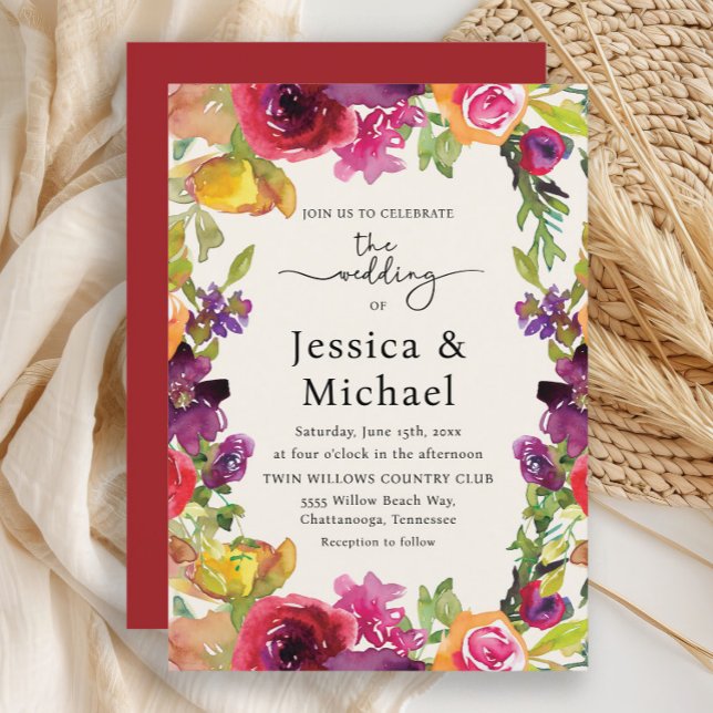 Romantic Colorful Boho Watercolor Floral Wedding Invitation (Colorful floral wedding invitation)