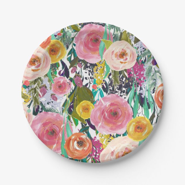 Romantic Colorful Flowers Paper Plates (Front)