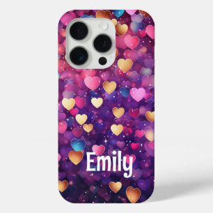 Romantic Colorful Hearts Name Pink Purple Gold iPhone 15 Pro Case