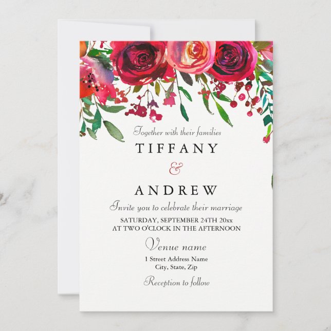 Romantic Colorful Red Floral Wedding invitation (Front)