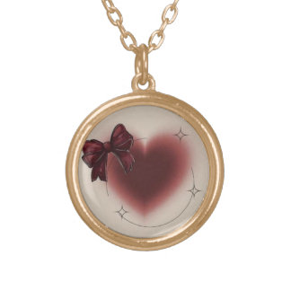 Romantic Coquette Red Airbrush Heart with Bow Pend Gold Plated Necklace