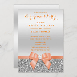 Romantic Coral Bow, Silver Glitter Engagement Invitation