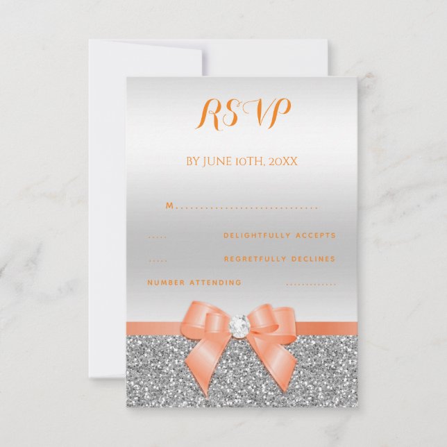 Romantic Coral Bow & Silver Glitter RSVP (Front)