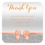 Romantic Coral Bow & Silver Glitter Thank You Square Sticker