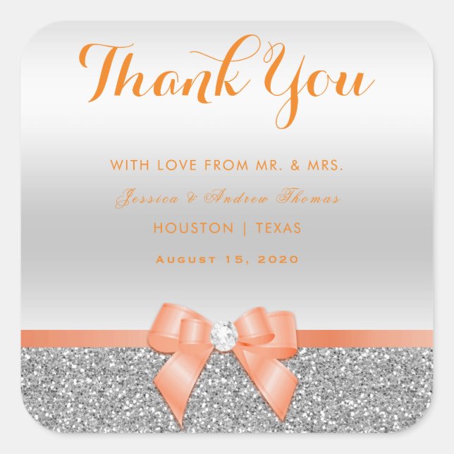 Romantic Coral Bow & Silver Glitter Thank You Square Sticker (Front)