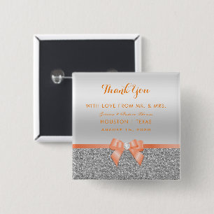 Romantic Coral Bow & Silver Glitter Wedding Button