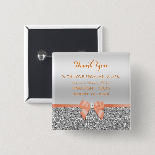 Romantic Coral Bow & Silver Glitter Wedding Button (Front & Back)