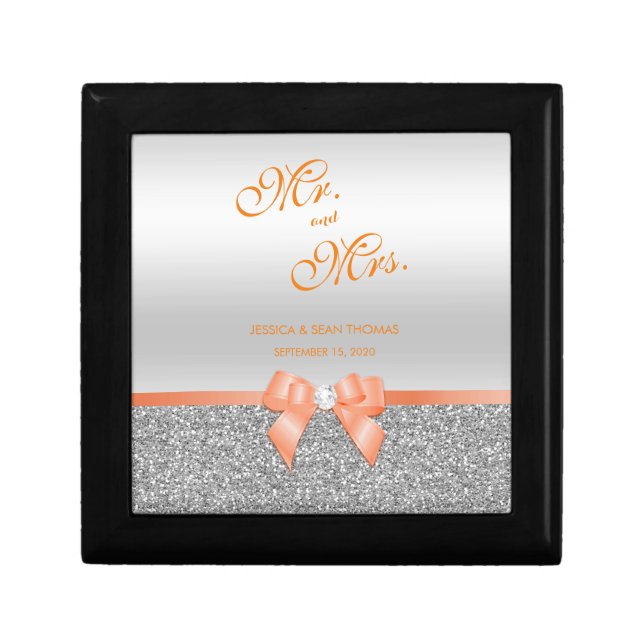 Romantic Coral Bow & Silver Glitter Wedding Gift Box (Front)
