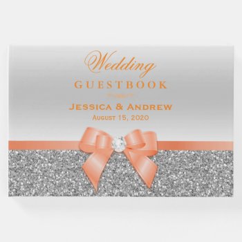 Romantic Coral Bow & Silver Glitter Wedding Guest Book by Sarah_Designs at Zazzle
