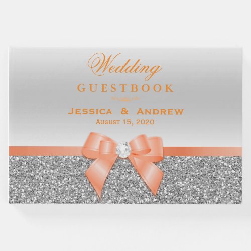 Romantic Coral Bow  Silver Glitter Wedding Guest Book