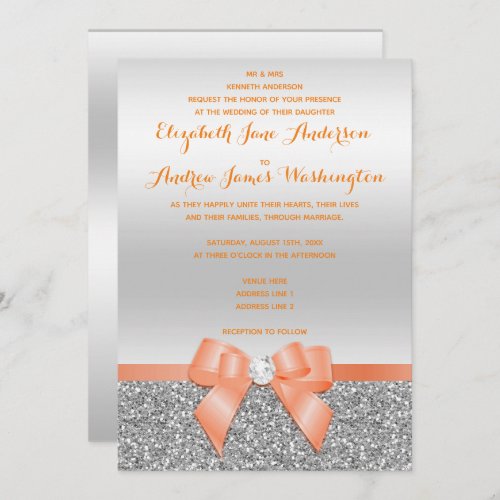 Romantic Coral Bow  Silver Glitter Wedding Invitation