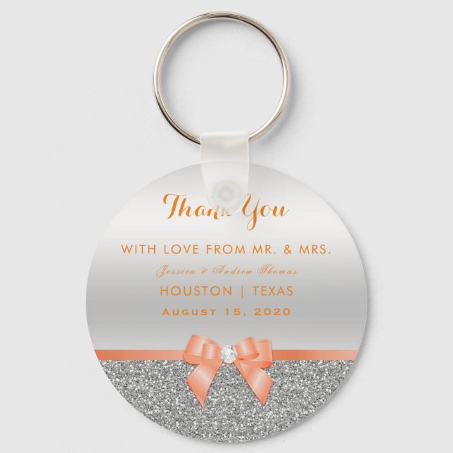 Romantic Coral Bow & Silver Glitter Wedding Keychain (Front)