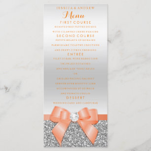 Romantic Coral Bow & Silver Glitter Wedding Menu