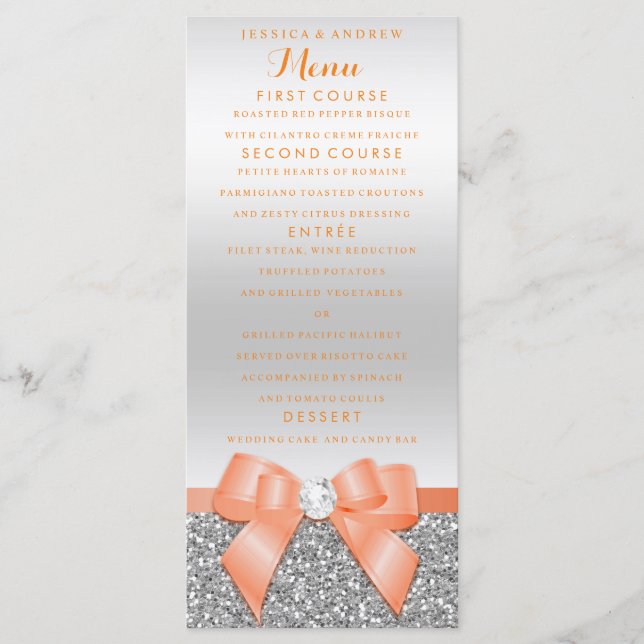 Romantic Coral Bow & Silver Glitter Wedding Menu (Front)